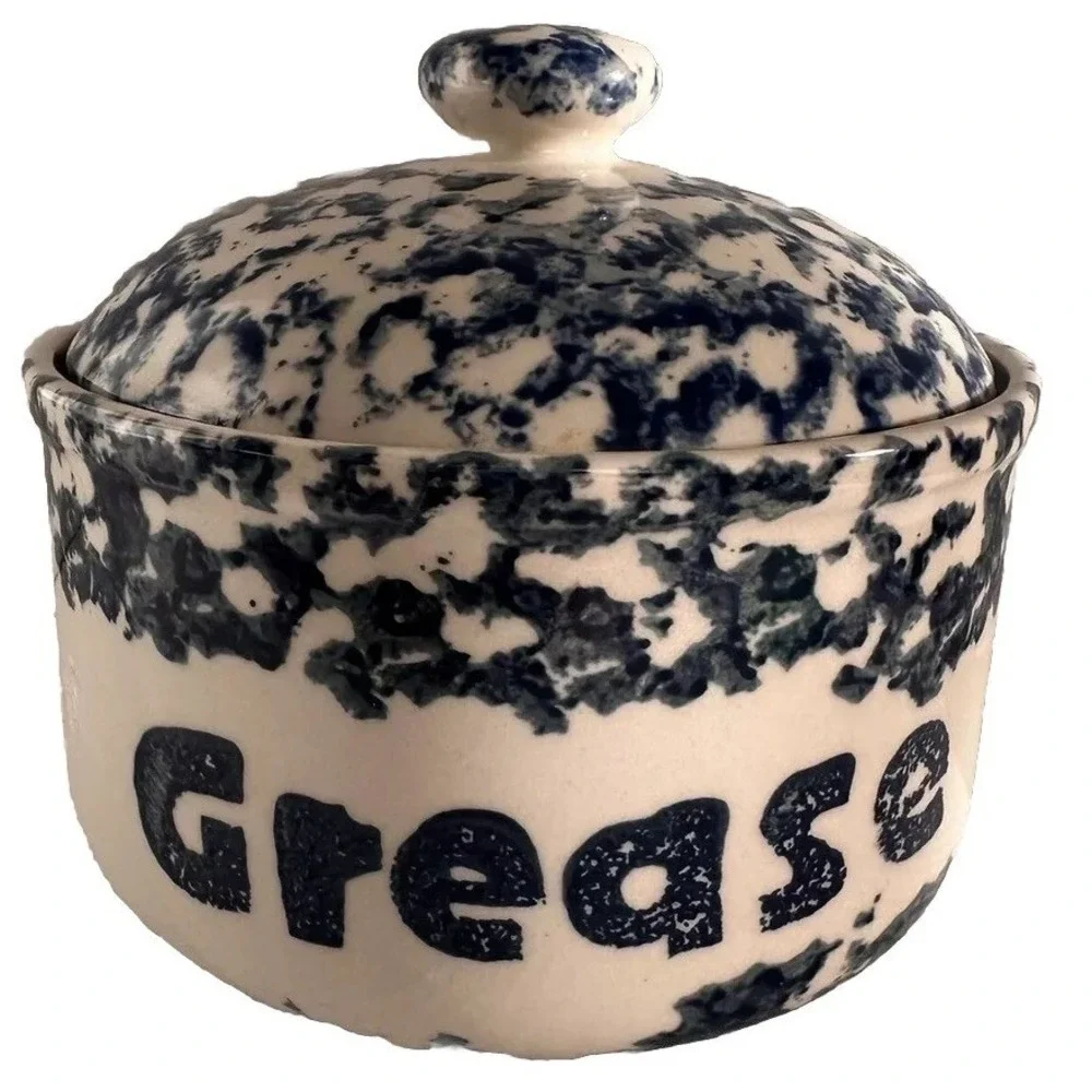 Tienshan Folk Craft Sponge Grease Jar Blue‎ White Stoneware Lidded Crock Heart